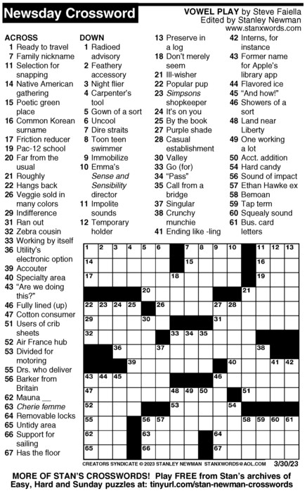 Newsday Crossword Puzzle for Mar 30, 2023, by Stanley Newman | Creators