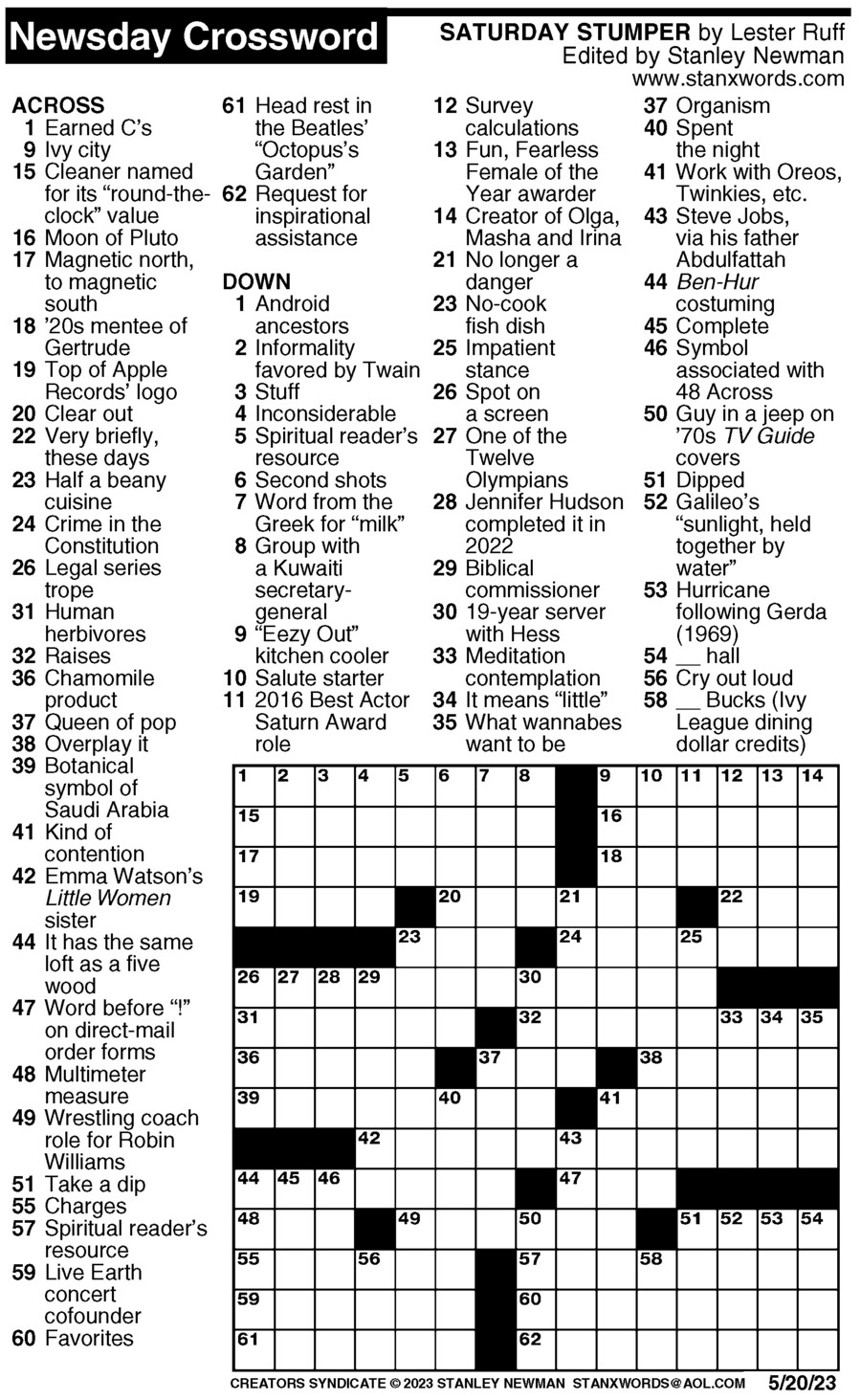 Newsday Crossword Puzzle for May 20, 2023, by Stanley Newman Creators Syndicate