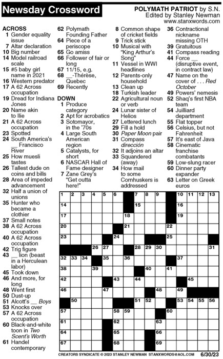 Newsday Crossword Puzzle for Jun 30, 2023, by Stanley Newman | Creators