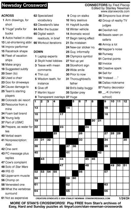Newsday Crossword Puzzle for Jan 24, 2024, by Stanley Newman | Creators
