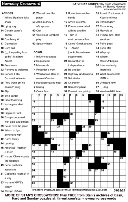 Newsday Crossword Puzzle for Sep 28, 2024, by Stanley Newman | Creators