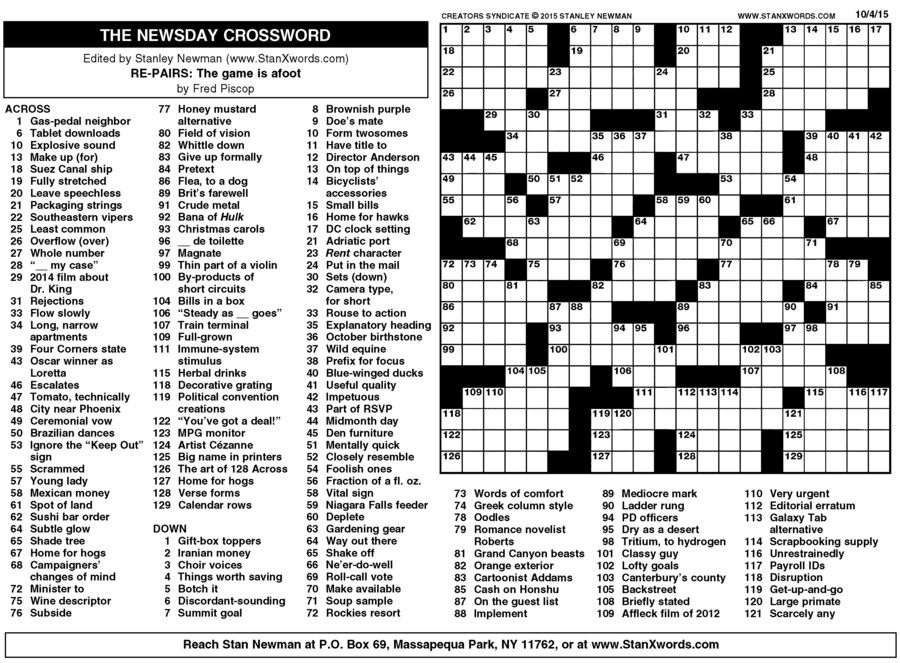 Newsday Crossword Sunday for Oct 04, 2015, by Stanley Newman | Creators