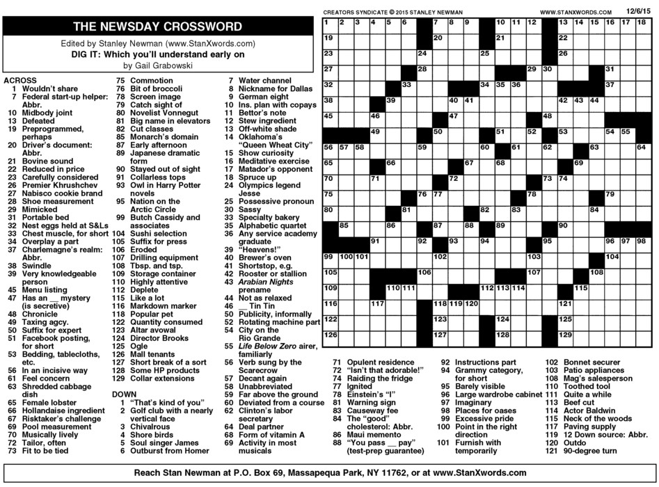 Newsday Crossword Sunday for Dec 06, 2015, by Stanley Newman | Creators