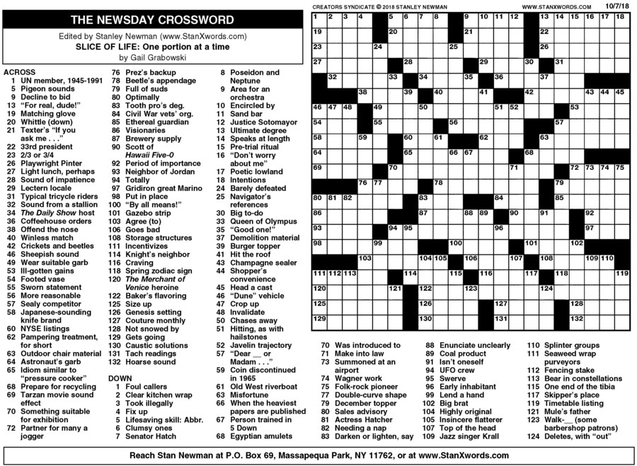 Newsday Crossword Sunday for Oct 07, 2018, by Stanley Newman | Creators