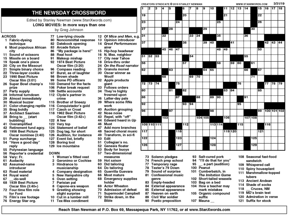 Newsday Crossword Sunday for Mar 31, 2019, by Stanley Newman Creators Syndicate