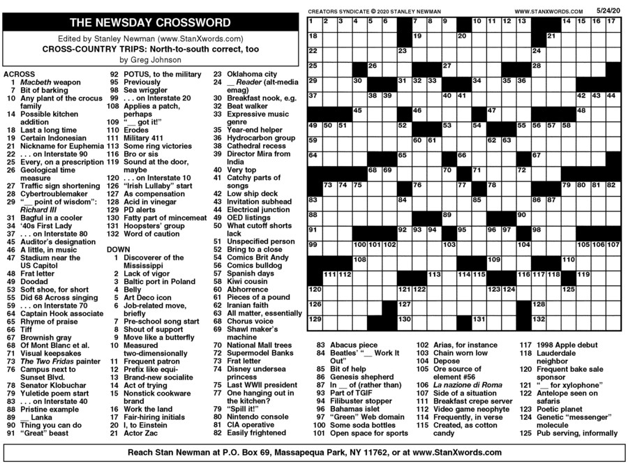 Newsday Crossword Sunday for May 24, 2020, by Stanley Newman Creators Syndicate
