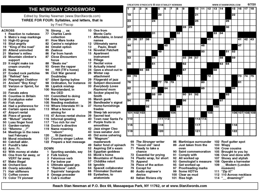 Newsday Crossword Sunday for Jun 07, 2020, by Stanley Newman Creators