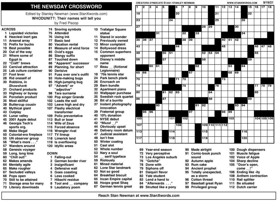 Newsday Crossword Sunday for Sep 19, 2021, by Stanley Newman Creators Syndicate