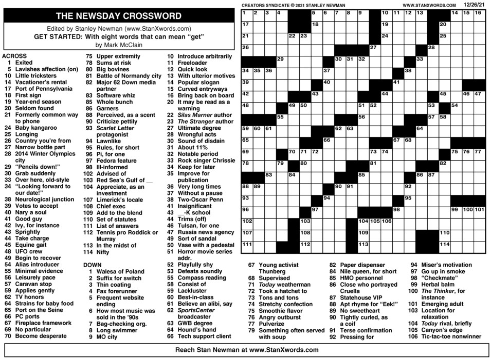 Newsday Crossword Sunday for Dec 26, 2021, by Stanley Newman Creators Syndicate