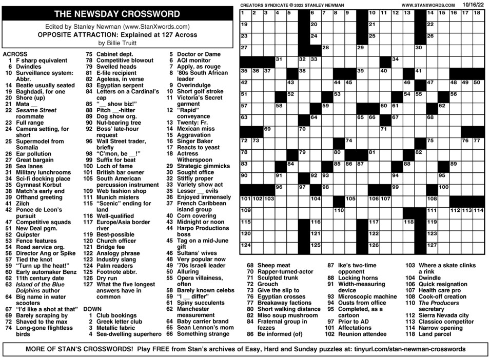 Newsday Crossword Sunday for Oct 16, 2022, by Stanley Newman | Creators