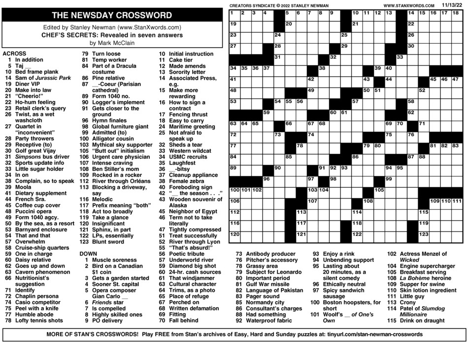 Newsday Crossword Sunday for Nov 13, 2022, by Stanley Newman | Creators