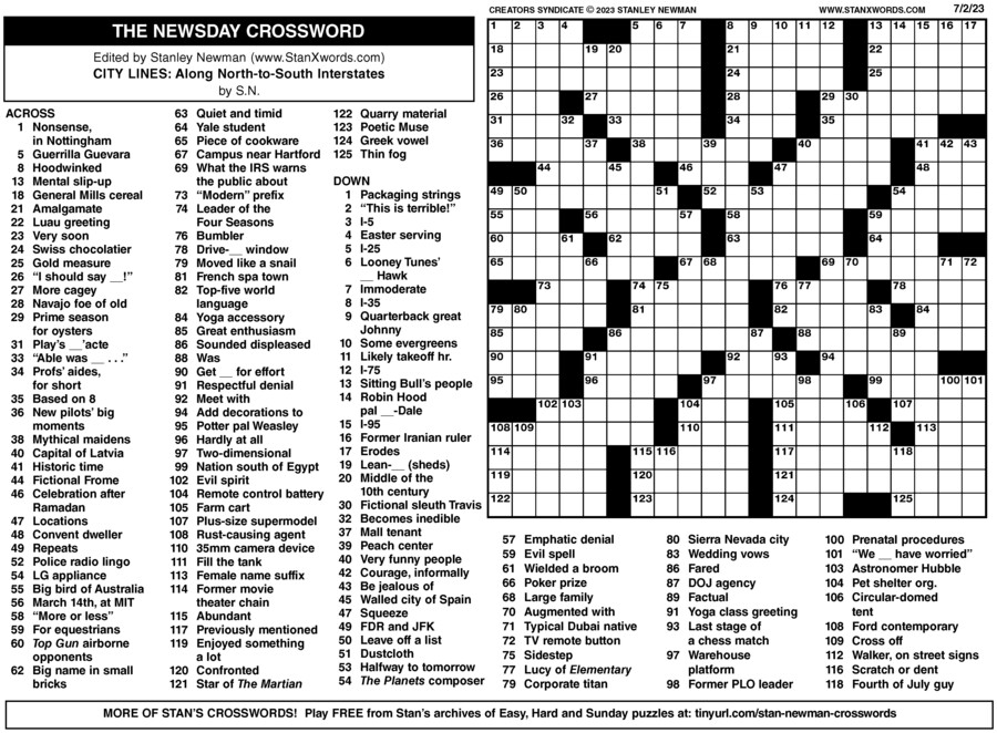 Newsday Crossword Sunday for Jul 02, 2023, by Stanley Newman | Creators