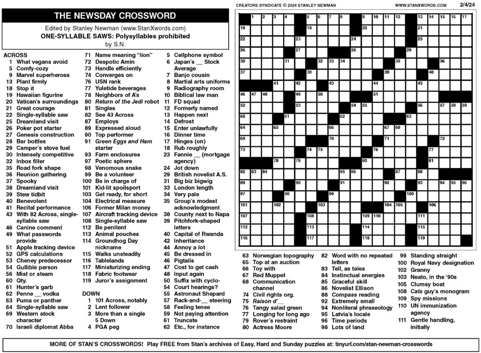 Newsday Crossword Sunday for Feb 04, 2024, by Stanley Newman | Creators
