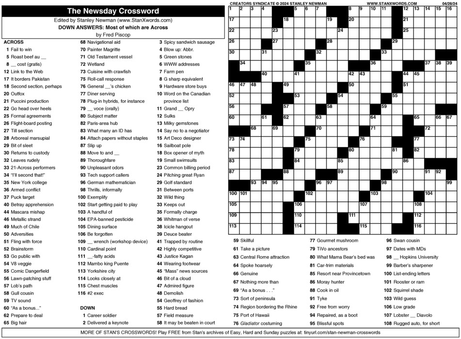 Newsday Crossword Sunday for Apr 28, 2024, by Stanley Newman Creators Syndicate