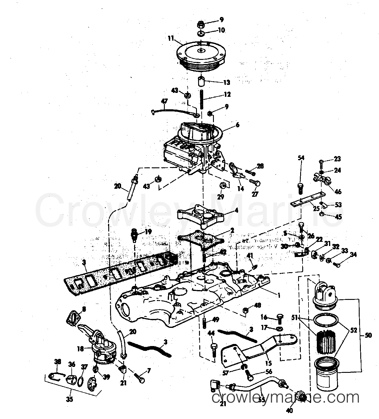 INTAKE MANIFOLD,FUEL PUMP,AND CARUBURTOR LINES 175,190 & 235 1977 OMC