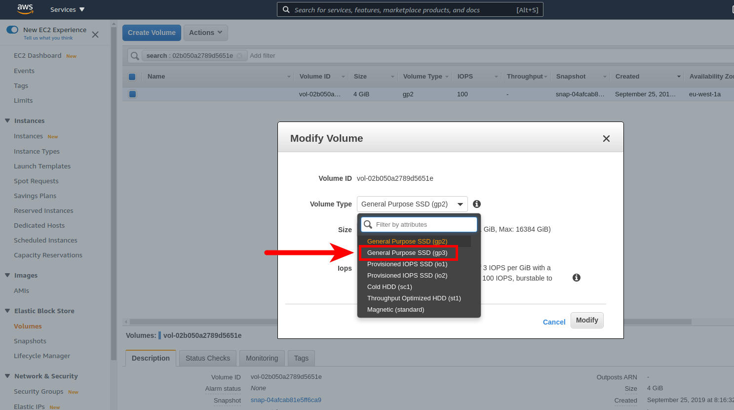 Script to automatically change all gp2 volumes to gp3 with awscli