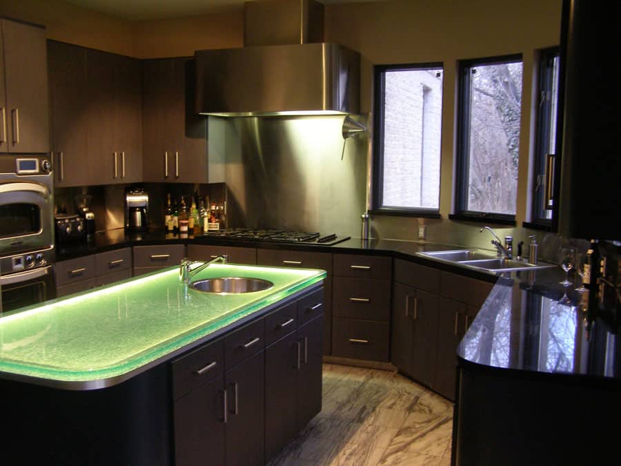 Glass Countertop Island with LED lighting designed by CGD Glass Countertops