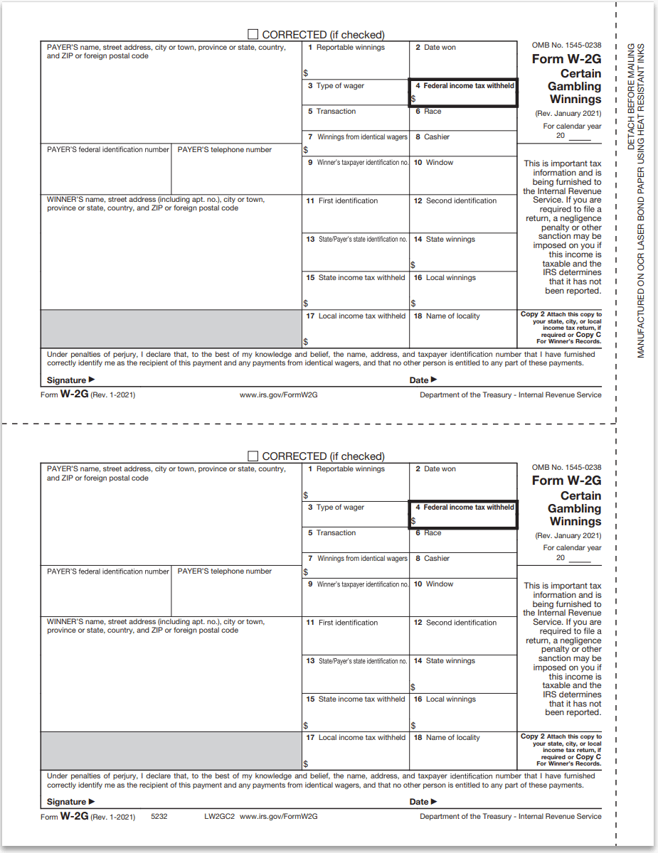 W2G Forms for Gambling Winnings, Winner Copy C2 DiscountTaxForms
