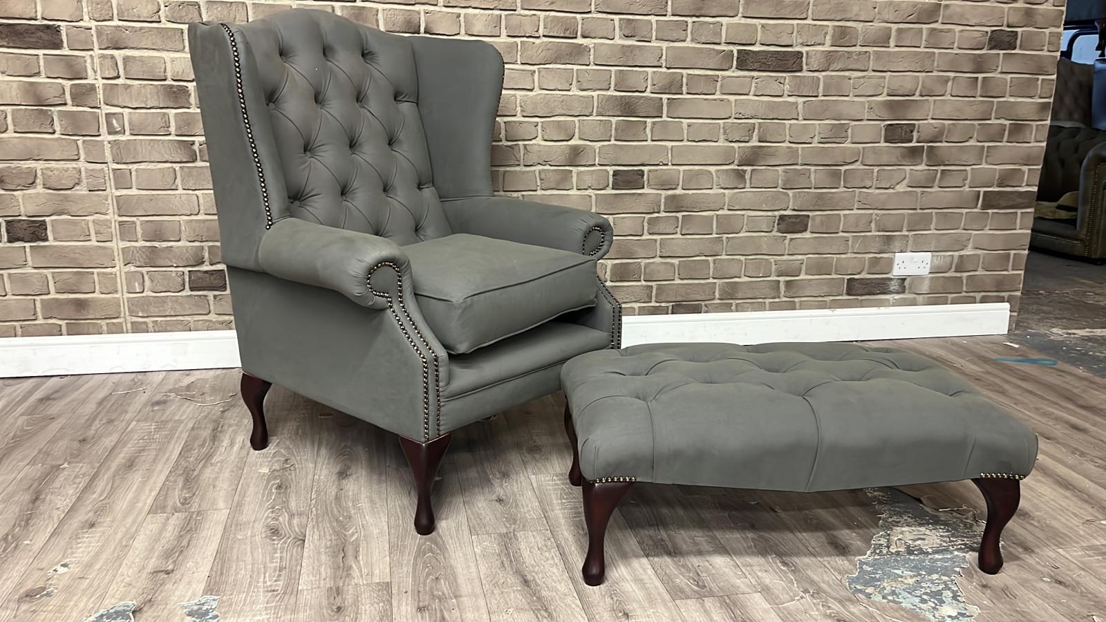 Highclere High Back Wing Chair and Stool Montery Charcoal