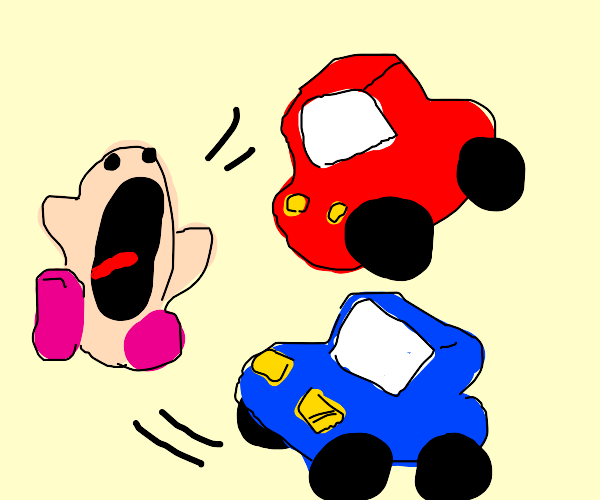 Kirby inhales cars off the street Drawception