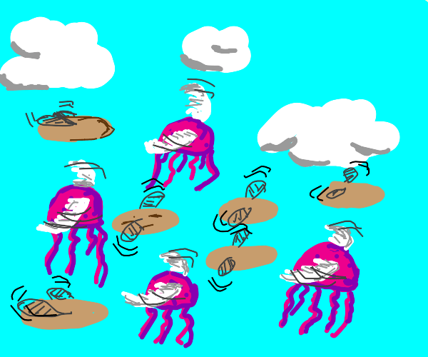Jellyfish flying with Pancakes Drawception