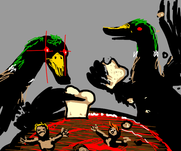 Ducks throw bread at people Drawception