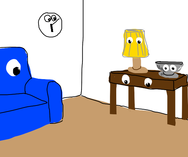 googly eyes all over a room (stuff) Drawception