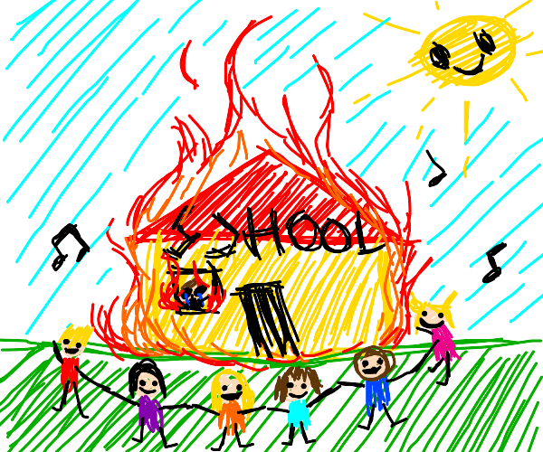Burning school... happy kids Drawception