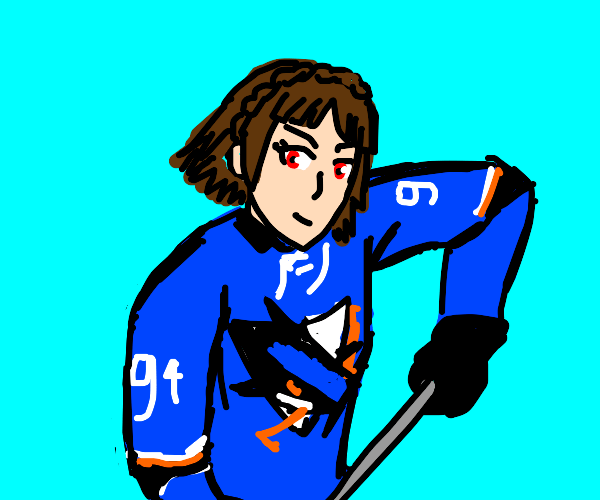 Anime girl playing hockey in a blue coat Drawception
