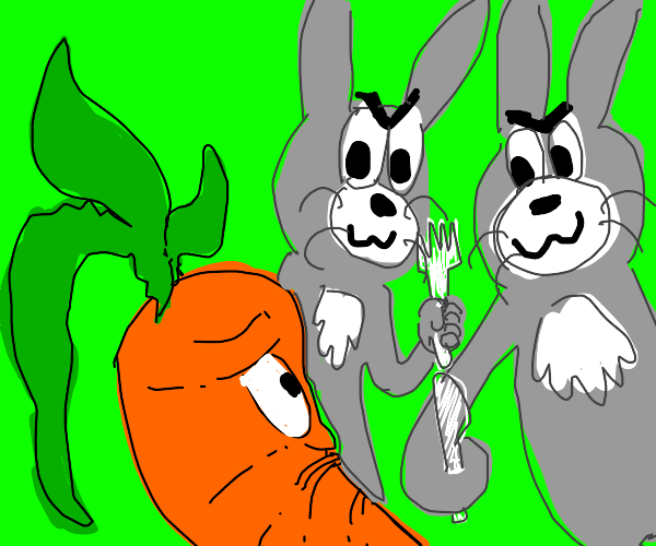 Scared carrot surrounded by rabbits Drawception