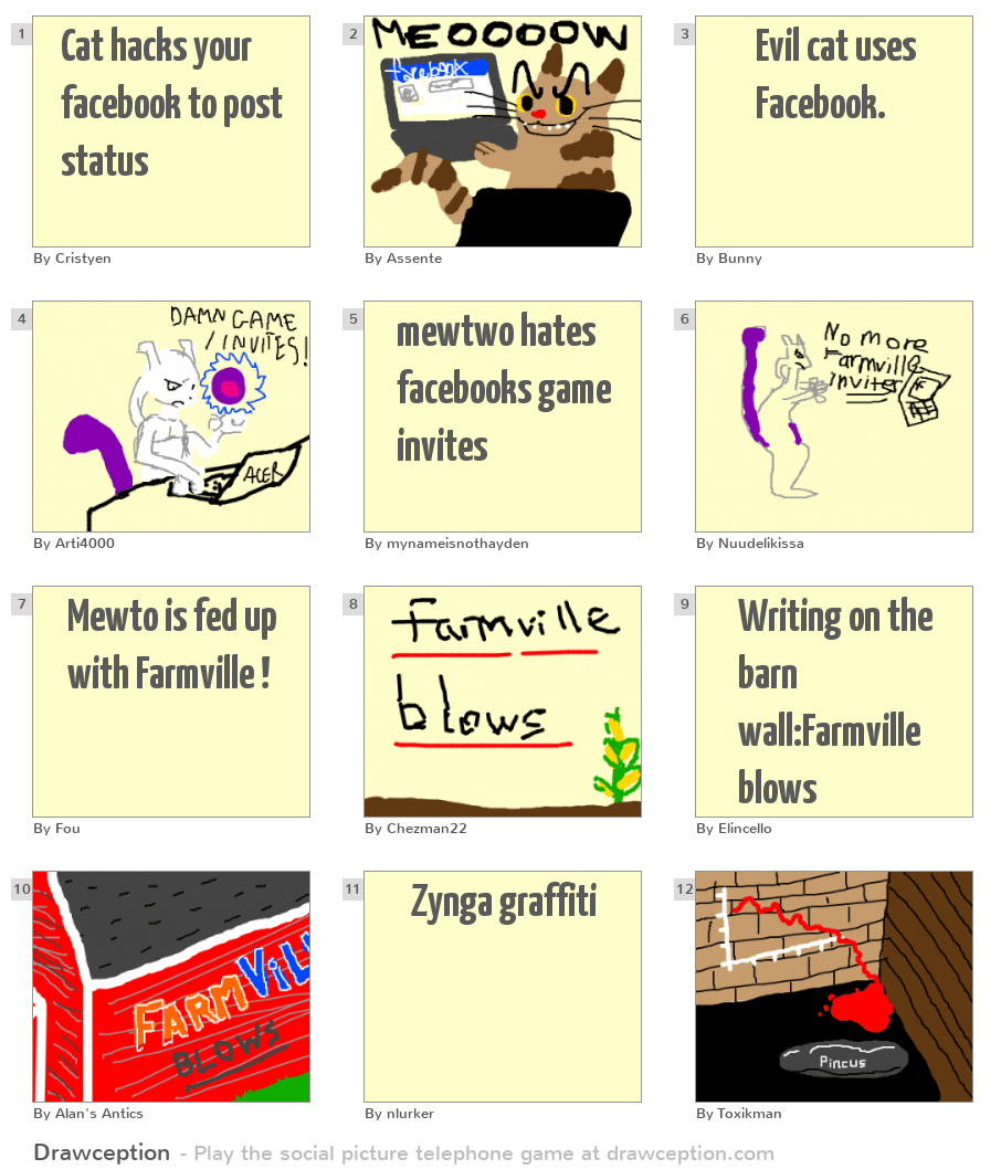 Cat hacks your facebook to post status Drawception
