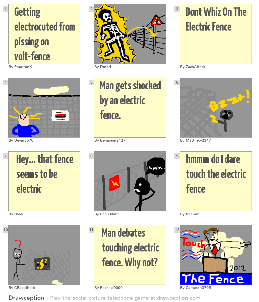 Getting electrocuted from pissing on voltfence Drawception