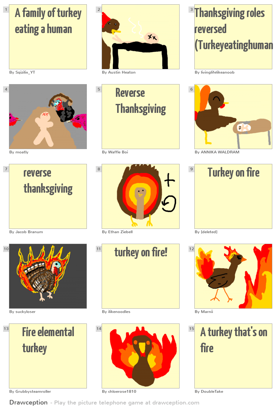 A family of turkey eating a human Drawception