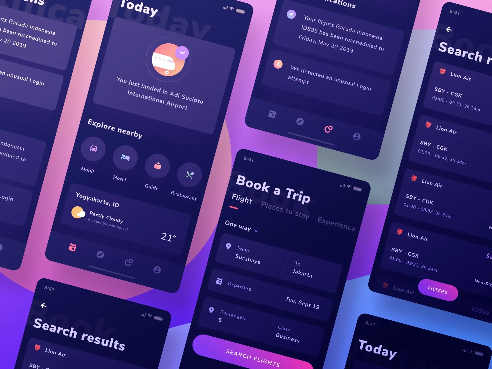 Flights & Hotel App Dark version by Ghani Pradita for Paperpillar on