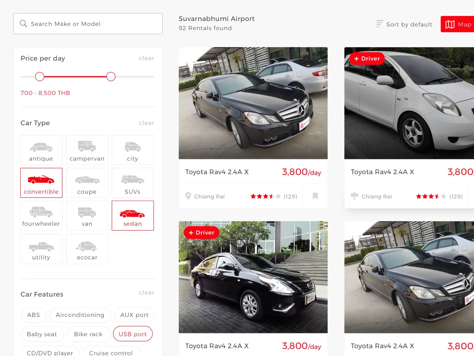 Peer to peer car rental Search result by Am Saiyavath on Dribbble