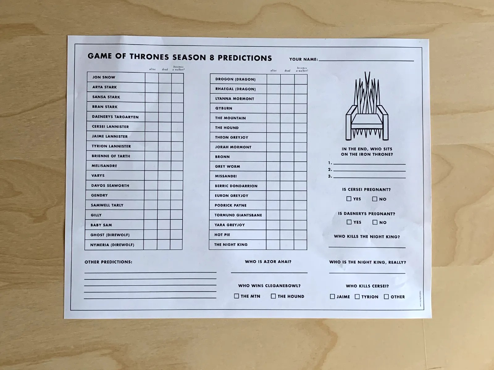 Game of Thrones Season 8 Prediction Sheet by Lindsey Charles on Dribbble