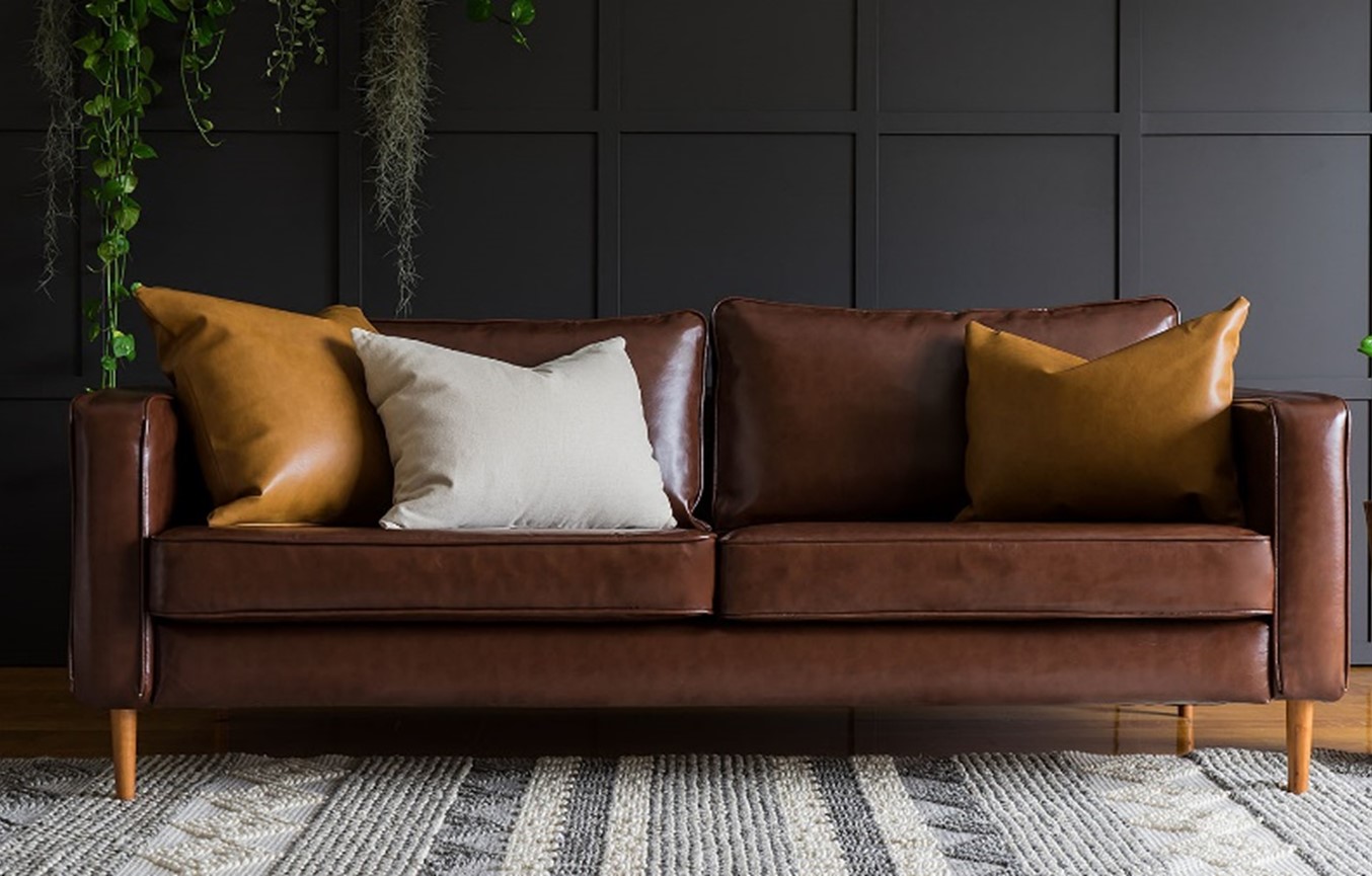 Brown Leather Sofa With Grey Pillows Baci Living Room
