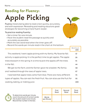 Reading Fluency: Apple Picking | Worksheet | Education.com