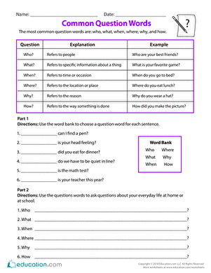 Common Question Words | Worksheet | Education.com