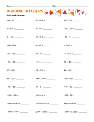 Dividing Integers | Worksheet | Education.com
