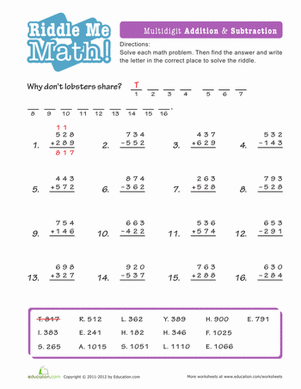 Math Riddles: Addition And Subtraction | Worksheet | Education.com
