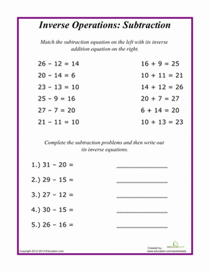 Inverse Operations: Subtraction | Worksheet | Education.com