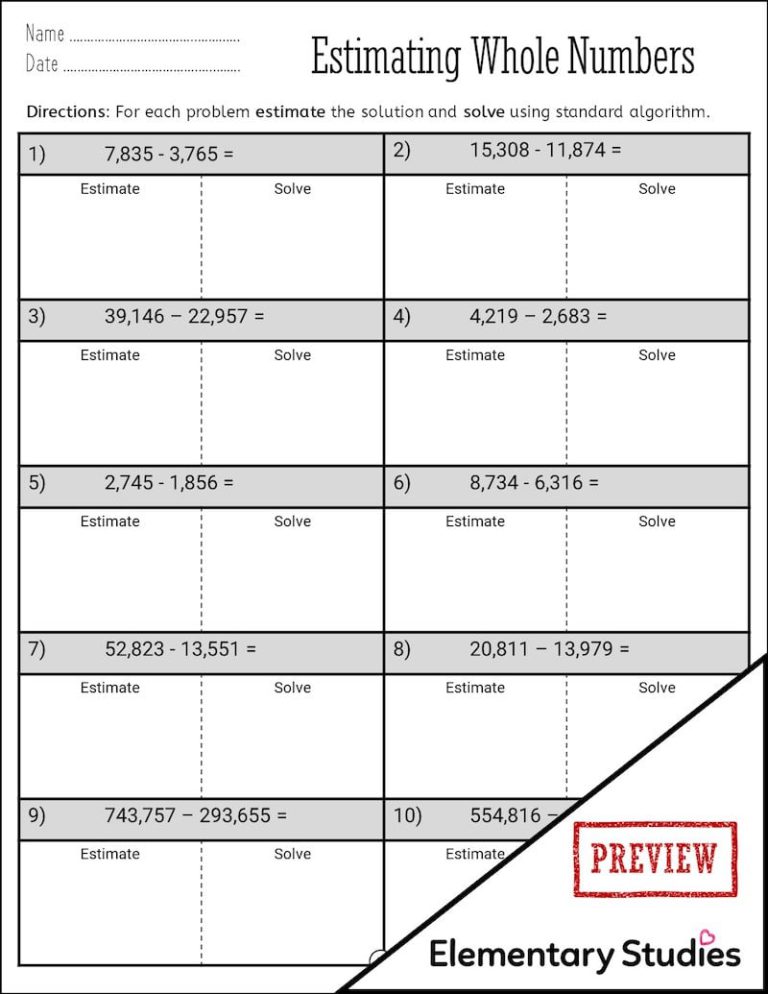 Estimating Sums and Differences Worksheets - Elementary Studies