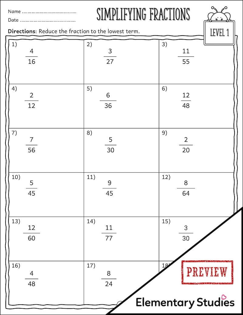 Simplifying Fractions Worksheets and Activities Elementary Studies