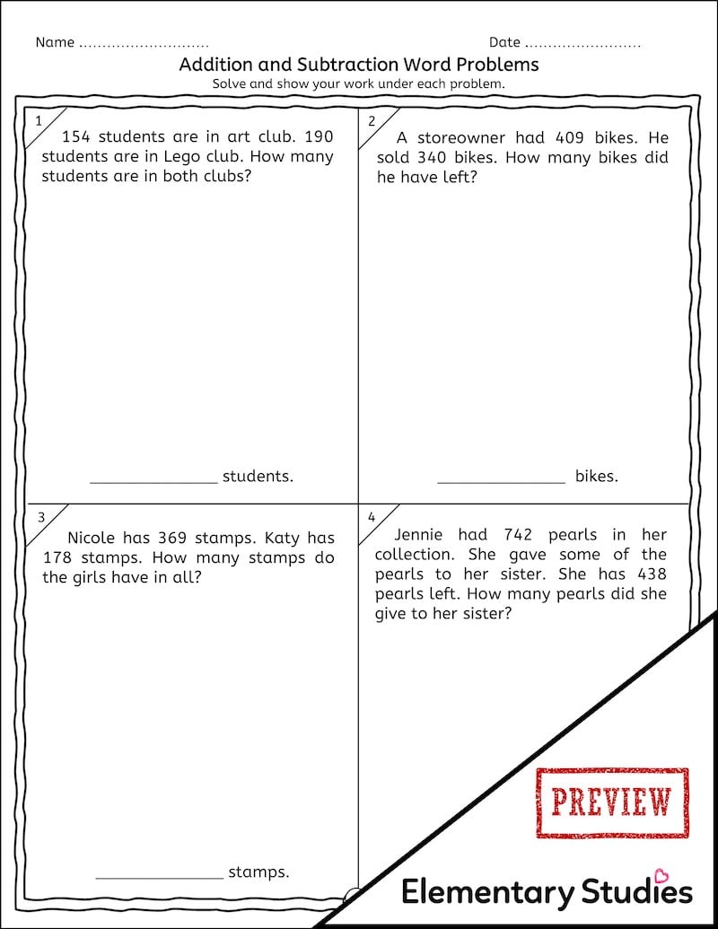 3 Digit Addition and Subtraction Word Problems - Elementary Studies