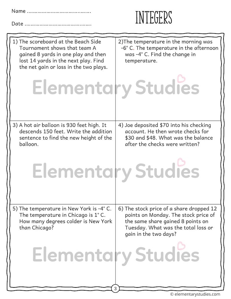 Integers Addition and Subtraction Word Problems - Elementary Studies