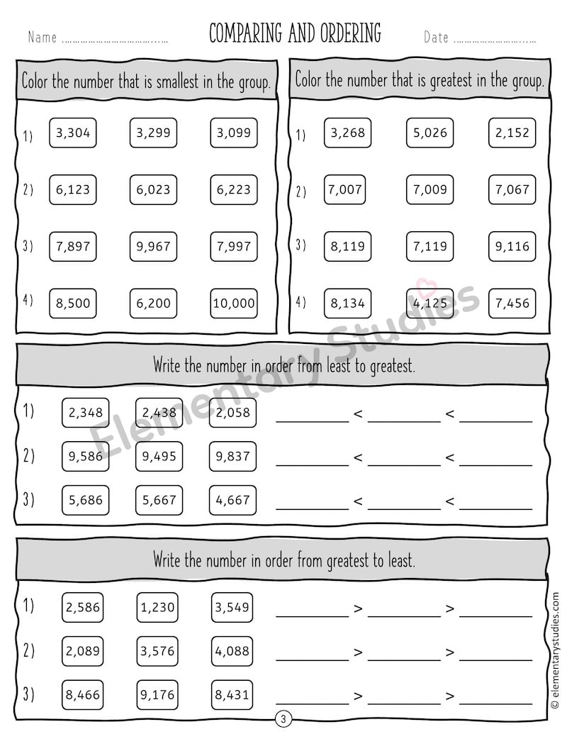 Comparing and Ordering Numbers up to 100,000 Worksheets - Elementary
