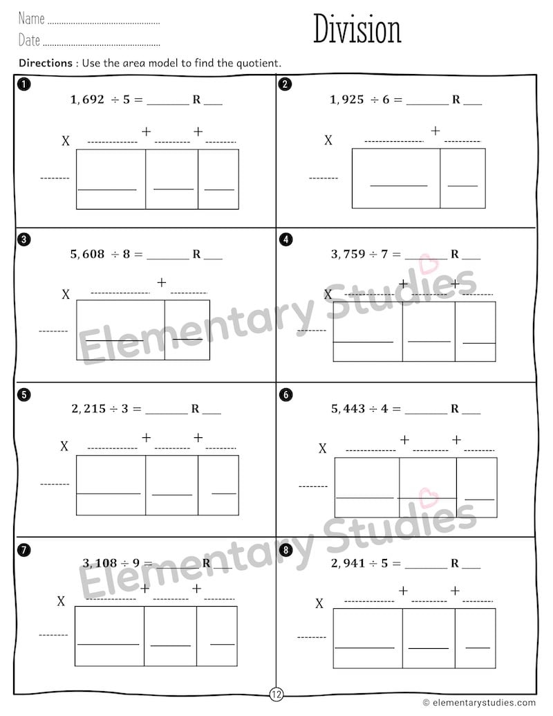 Division using Area Model Worksheets - Elementary Studies