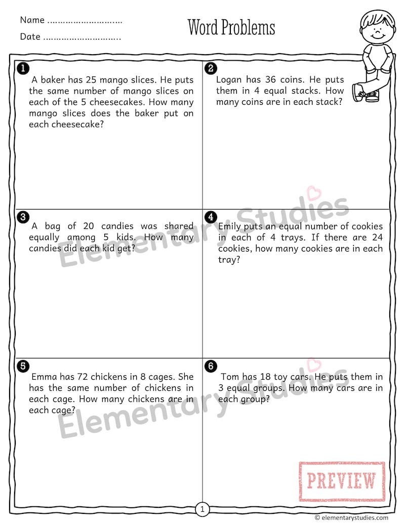 Division Word Problems within 100 Elementary Studies