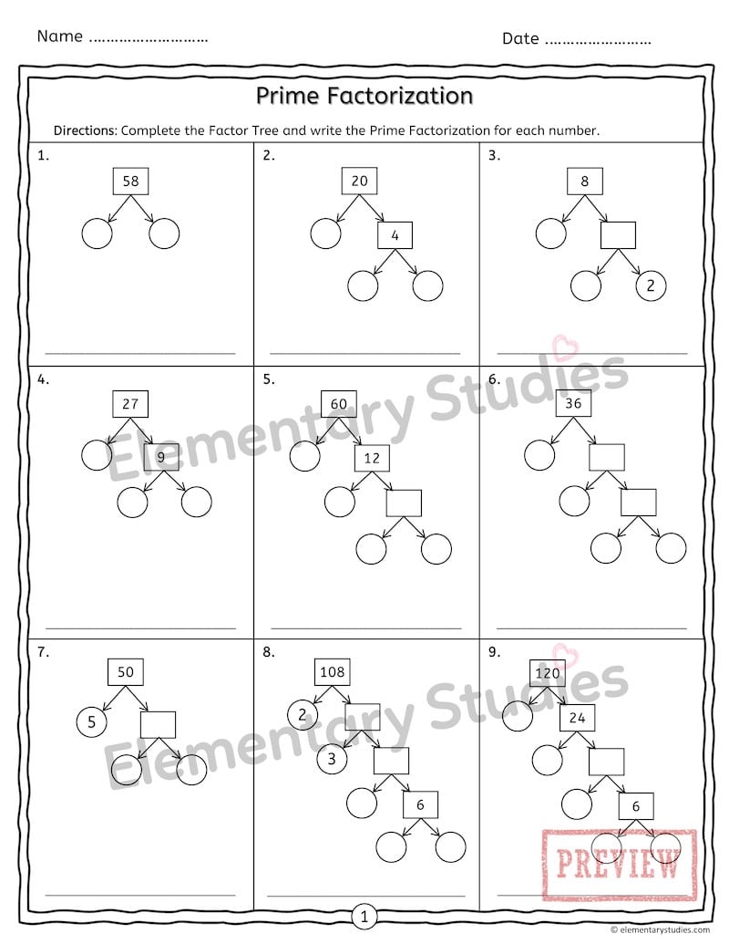 Prime Factorization using Factor Tree, LCM and GCF Worksheets